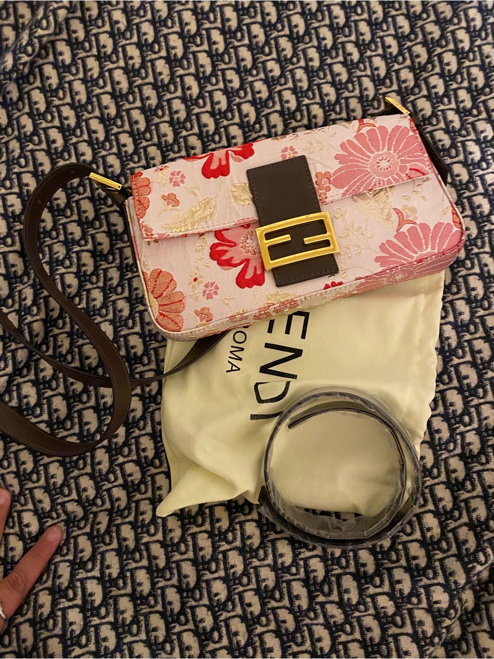 Inspired Floral Pink Embroidered Shoulder Bag with Gold Hardware - Picture 9 of 9